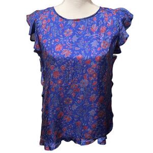 Anthropologie Antik‎ Batik Blue Floral Silk Ruffle Cap Sleeve Blouse Size Small